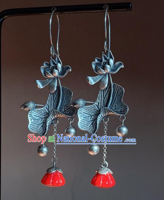 China National Silver Carving Lotus Earrings Traditional Cheongsam Tassel Ear Accessories