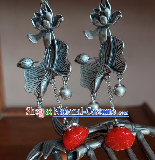 China National Silver Carving Lotus Earrings Traditional Cheongsam Tassel Ear Accessories