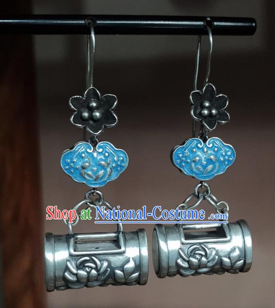 China Traditional Cheongsam Blueing Ear Accessories National Silver Carving Lotus Earrings