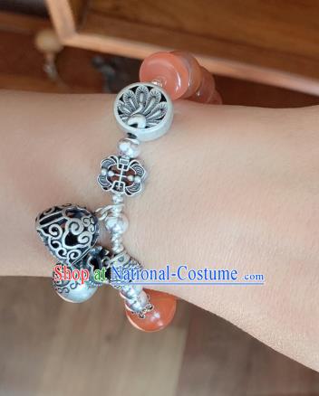 Handmade Chinese Agate Beads Wristlet Accessories National Bracelet Ethnic Silver Carving Bangle