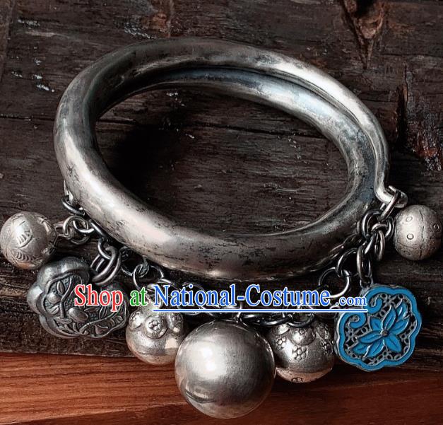 Handmade Chinese Ethnic Silver Bangle Wristlet Accessories National Blueing Lotus Bracelet