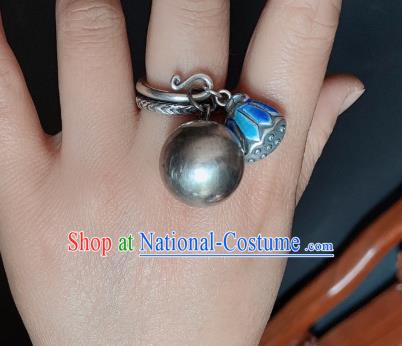 Chinese Handmade Ethnic Silver Ring National Blueing Lotus Seedpod Circlet Jewelry