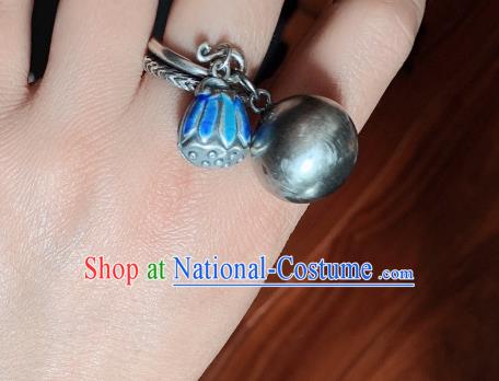 Chinese Handmade Ethnic Silver Ring National Blueing Lotus Seedpod Circlet Jewelry