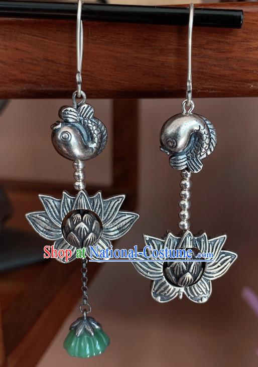 China Traditional Cheongsam Silver Carving Lotus Ear Accessories National Jade Tassel Earrings