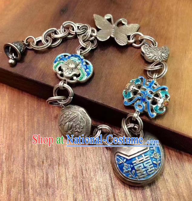 Handmade Chinese Ethnic Silver Carving Bat Bangle Wedding Wristlet Accessories National Blueing Bracelet