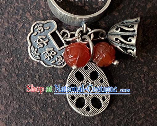 Chinese Handmade Ethnic Agate Lotus Ring National Silver Carving Circlet Jewelry