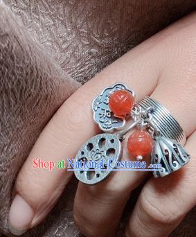 Chinese Handmade Ethnic Agate Lotus Ring National Silver Carving Circlet Jewelry