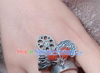 Chinese Handmade Ethnic Agate Lotus Ring National Silver Carving Circlet Jewelry