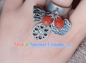 Chinese Handmade Ethnic Agate Lotus Ring National Silver Carving Circlet Jewelry