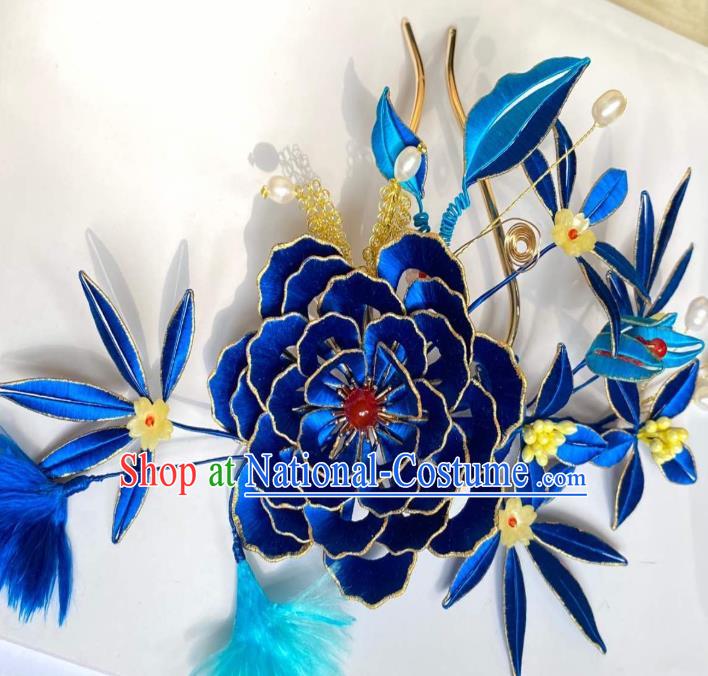 China Traditional Qing Dynasty Royalblue Silk Peony Hairpin Ancient Imperial Consort Pearls Hair Stick