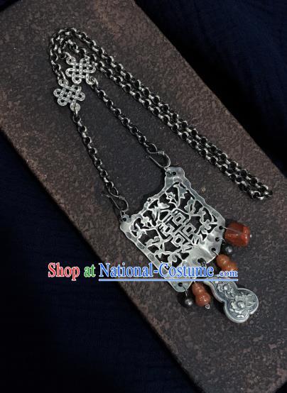 Handmade Chinese Agate Gourd Necklace Accessories National Wedding Silver Carving Necklet