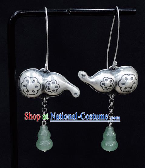 China National Jade Gourd Earrings Traditional Cheongsam Silver Carving Ear Accessories