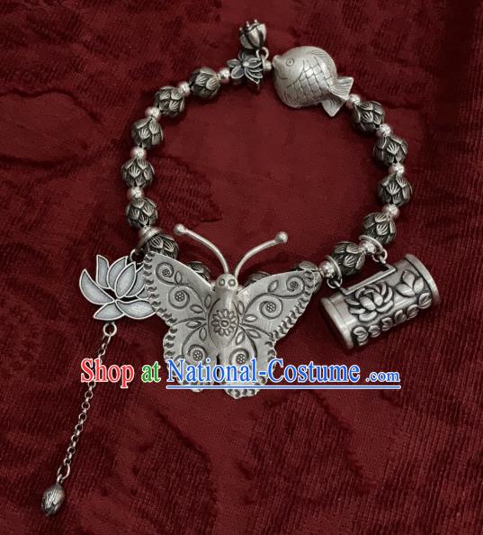 Handmade Chinese Wristlet Accessories Ethnic Carving Lock Bangle National Silver Butterfly Lotus Bracelet