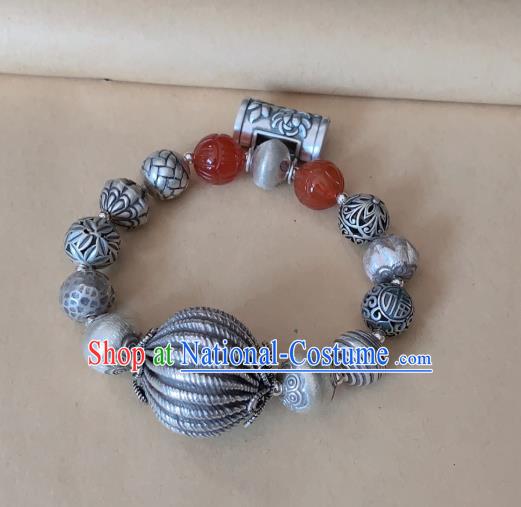 Handmade Chinese Agate Carving Wristlet Accessories Ethnic Bangle National Silver Lock Bracelet