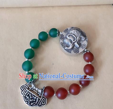 Handmade Chinese Silver Carving Lock Wristlet Accessories Ethnic Bangle National Beads Bracelet