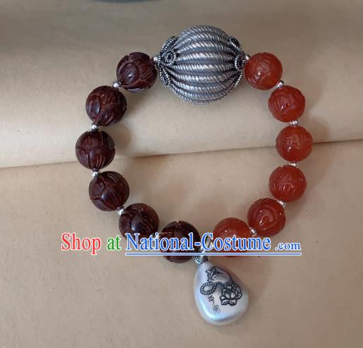 Handmade Chinese Agate Beads Wristlet Accessories Ethnic Silver Bangle National Rosewood Bracelet