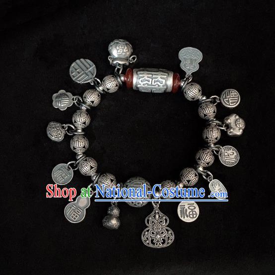 Handmade Chinese Silver Carving Wristlet Accessories Ethnic Agate Bangle National Wedding Bracelet