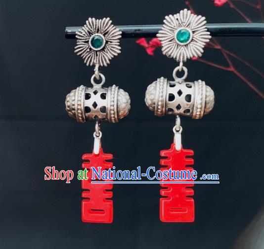 China National Silver Earrings Traditional Cheongsam Agate Ear Jewelry Wedding Accessories