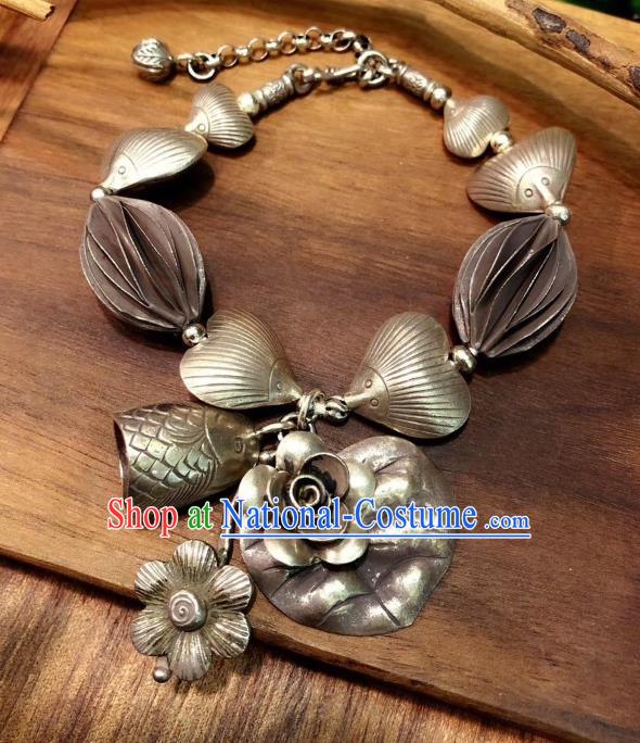 Handmade Chinese Ethnic Carving Fish Bangle National Silver Bracelet Wristlet Accessories