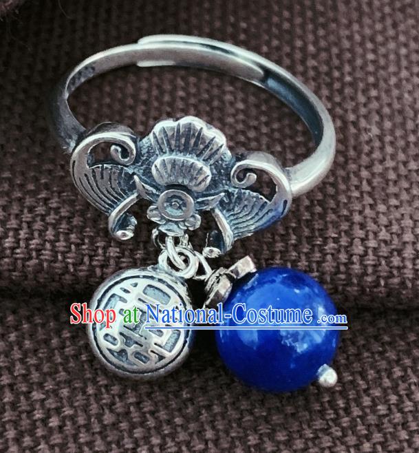 Chinese National Wedding Silver Carving Bat Circlet Jewelry Handmade Ethnic Lapis Ring