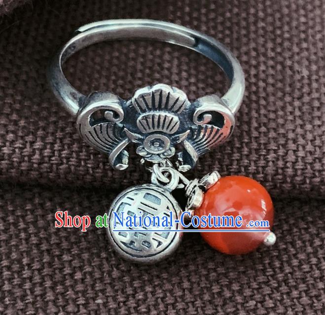 Chinese Handmade Ethnic Agate Ring National Wedding Silver Carving Bat Circlet Jewelry