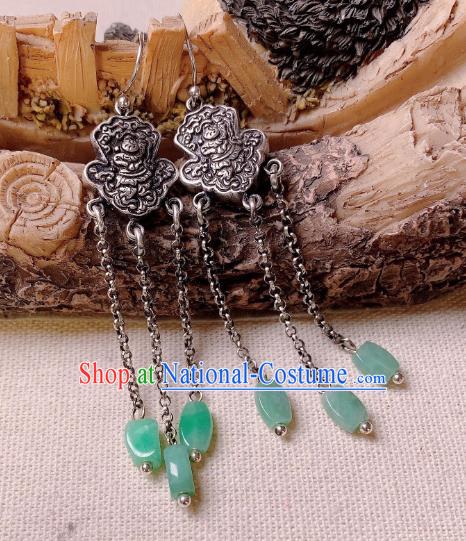 China National Silver Carving Earrings Traditional Cheongsam Jade Tassel Ear Jewelry Accessories