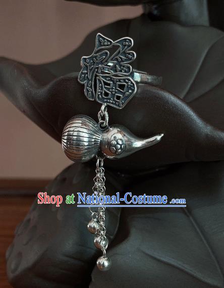 Chinese Handmade Ethnic Bells Tassel Ring National Silver Carving Gourd Circlet Jewelry