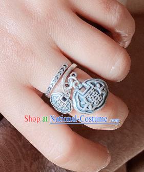 Chinese Handmade Ethnic Silver Carving Lock Ring National Wedding Circlet Jewelry