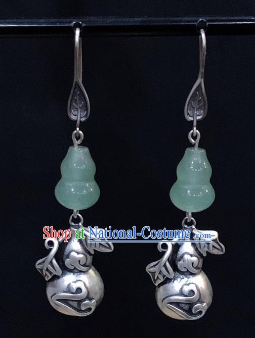 China Traditional Cheongsam Jade Gourd Ear Accessories National Silver Carving Earrings