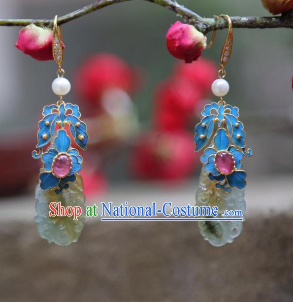 Chinese Ancient Qing Dynasty Court Jade Ear Accessories Handmade Traditional Tourmaline Earrings Jewelry