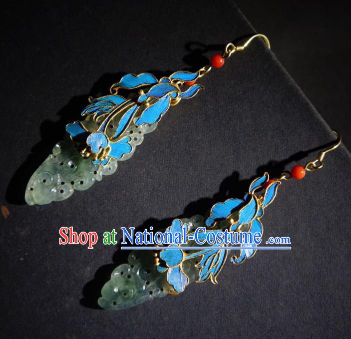 Chinese Handmade Traditional Jade Earrings Jewelry Ancient Qing Dynasty Court Ear Accessories