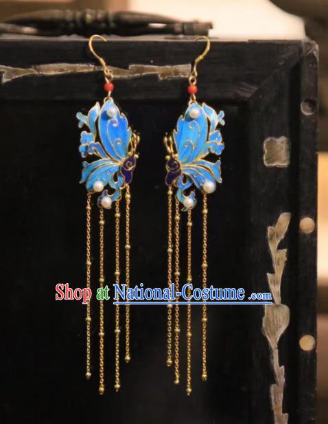 Chinese Handmade Traditional Golden Tassel Earrings Jewelry Ancient Qing Dynasty Court Cloisonne Butterfly Ear Accessories