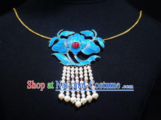 China Traditional Pearls Tassel Necklace Jewelry Accessories Qing Dynasty Cloisonne Lotus Necklet Pendant