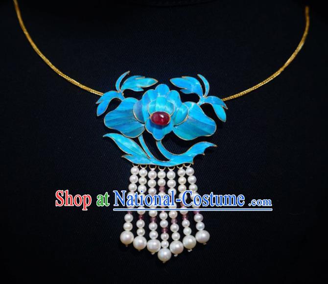 China Traditional Pearls Tassel Necklace Jewelry Accessories Qing Dynasty Cloisonne Lotus Necklet Pendant