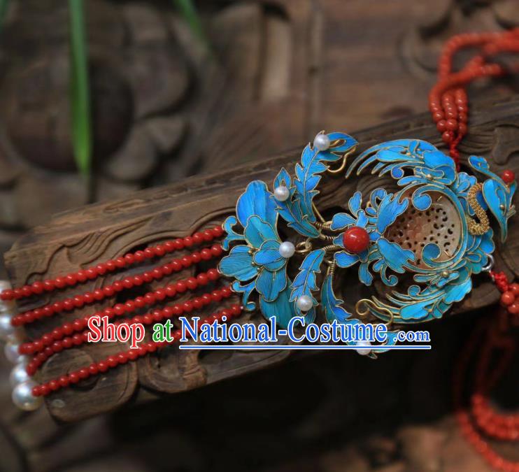 China Traditional Red Beads Tassel Necklace Jewelry Accessories Qing Dynasty Necklet Jade Pendant