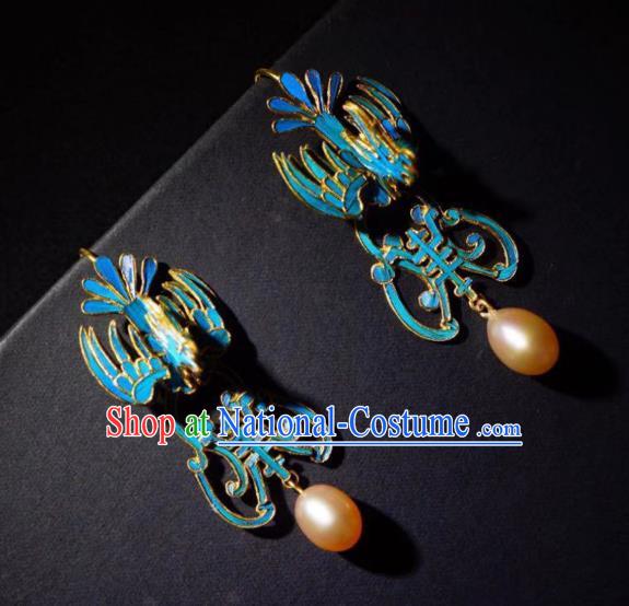 Chinese Ancient Qing Dynasty Court Ear Accessories Traditional Blueing Phoenix Earrings Jewelry