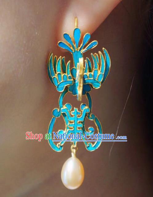 Chinese Ancient Qing Dynasty Court Ear Accessories Traditional Blueing Phoenix Earrings Jewelry