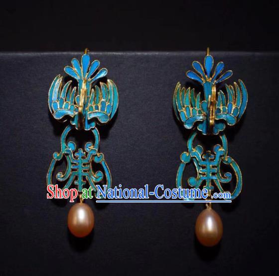 Chinese Ancient Qing Dynasty Court Ear Accessories Traditional Blueing Phoenix Earrings Jewelry