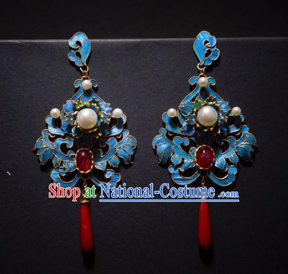 Chinese Traditional Pearls Earrings Jewelry Ancient Qing Dynasty Agate Ear Accessories