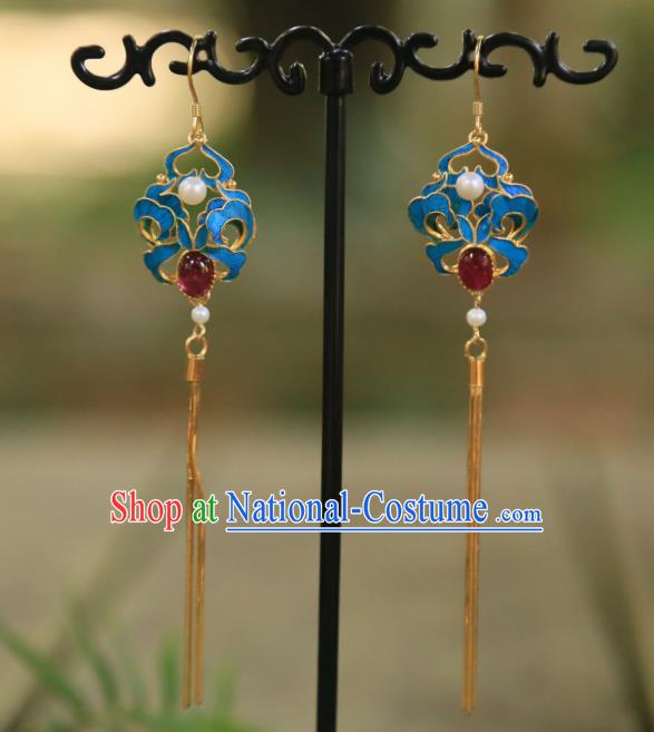 Chinese Ancient Qing Dynasty Golden Tassel Ear Accessories Traditional Garnet Earrings Jewelry