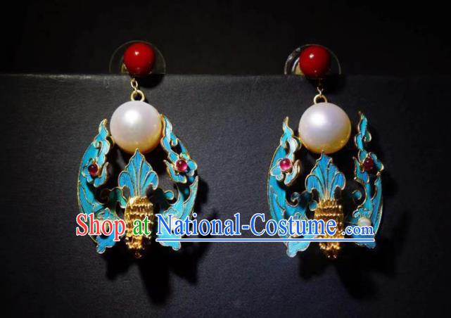 Chinese Ancient Qing Dynasty Filigree Bat Ear Accessories Traditional Culture Jewelry Pearl Earrings