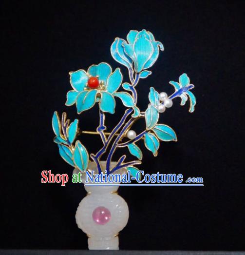 China Traditional Qing Dynasty Blueing Peony Breastpin Jewelry Handmade Jade Vase Brooch Accessories