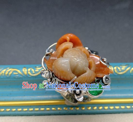 Chinese Handmade Ethnic Agate Lotus Ring National Silver Carving Circlet Jewelry