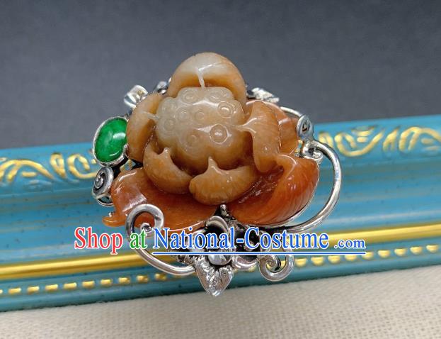 Chinese Handmade Ethnic Agate Lotus Ring National Silver Carving Circlet Jewelry