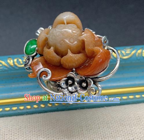 Chinese Handmade Ethnic Agate Lotus Ring National Silver Carving Circlet Jewelry