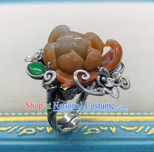 Chinese Handmade Ethnic Agate Lotus Ring National Silver Carving Circlet Jewelry