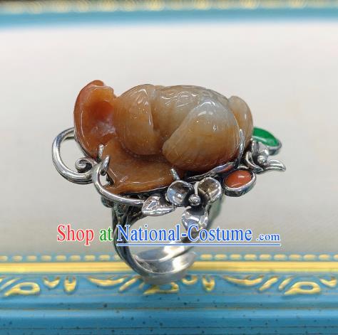 Chinese Handmade Ethnic Agate Lotus Ring National Silver Carving Circlet Jewelry