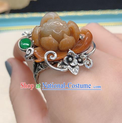 Chinese Handmade Ethnic Agate Lotus Ring National Silver Carving Circlet Jewelry