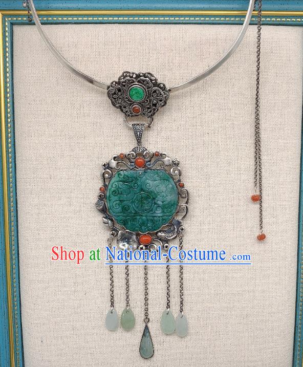 Handmade Chinese National Silver Tassel Necklet Pendant Jadeite Necklace Accessories