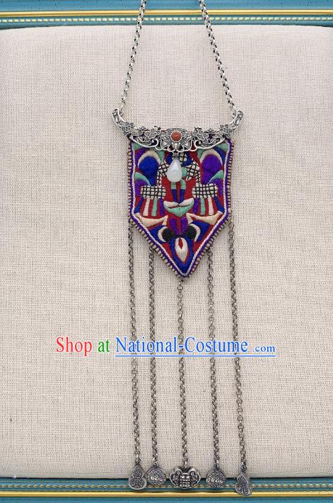 Handmade Chinese Embroidered Necklace Accessories National Silver Tassel Necklet Pendant